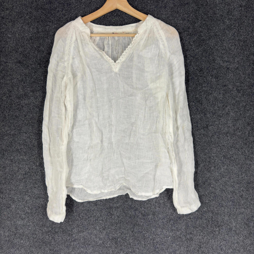 Dolma Blouse Women M Medium White V-Neck Long Sleeve Linen Pullover Casual